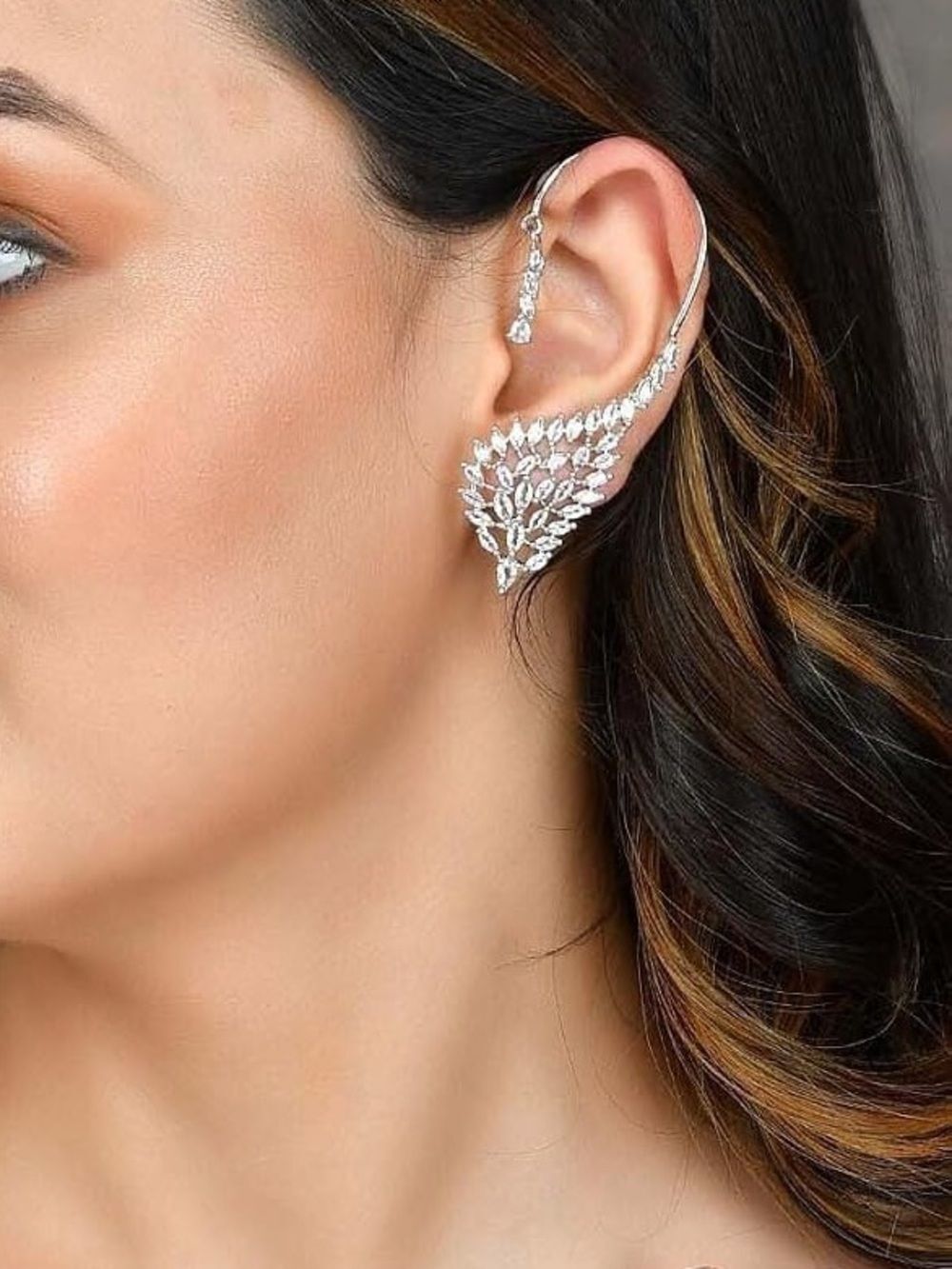 Crystal Leaf Drop Cuff Earrings - Silver Tone - Formal - Wedding